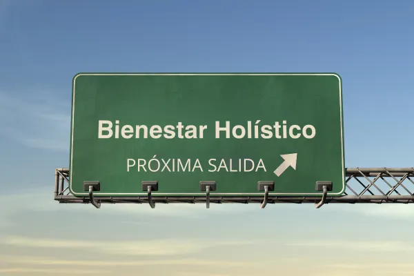 Un letrero en la carretera que dice Bienestar Holístico Próxima Salida